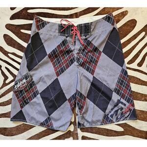 Y2K Billabong Board Shorts Men 34 Grey Argyle Plaid Board Surfwear Script